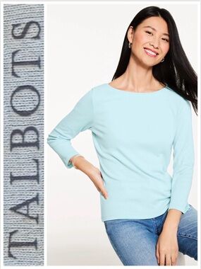 Talbots Tee Top Light Blue Boatneck Bateau 3/4 Sleeve Pima Cotton soft casual XL